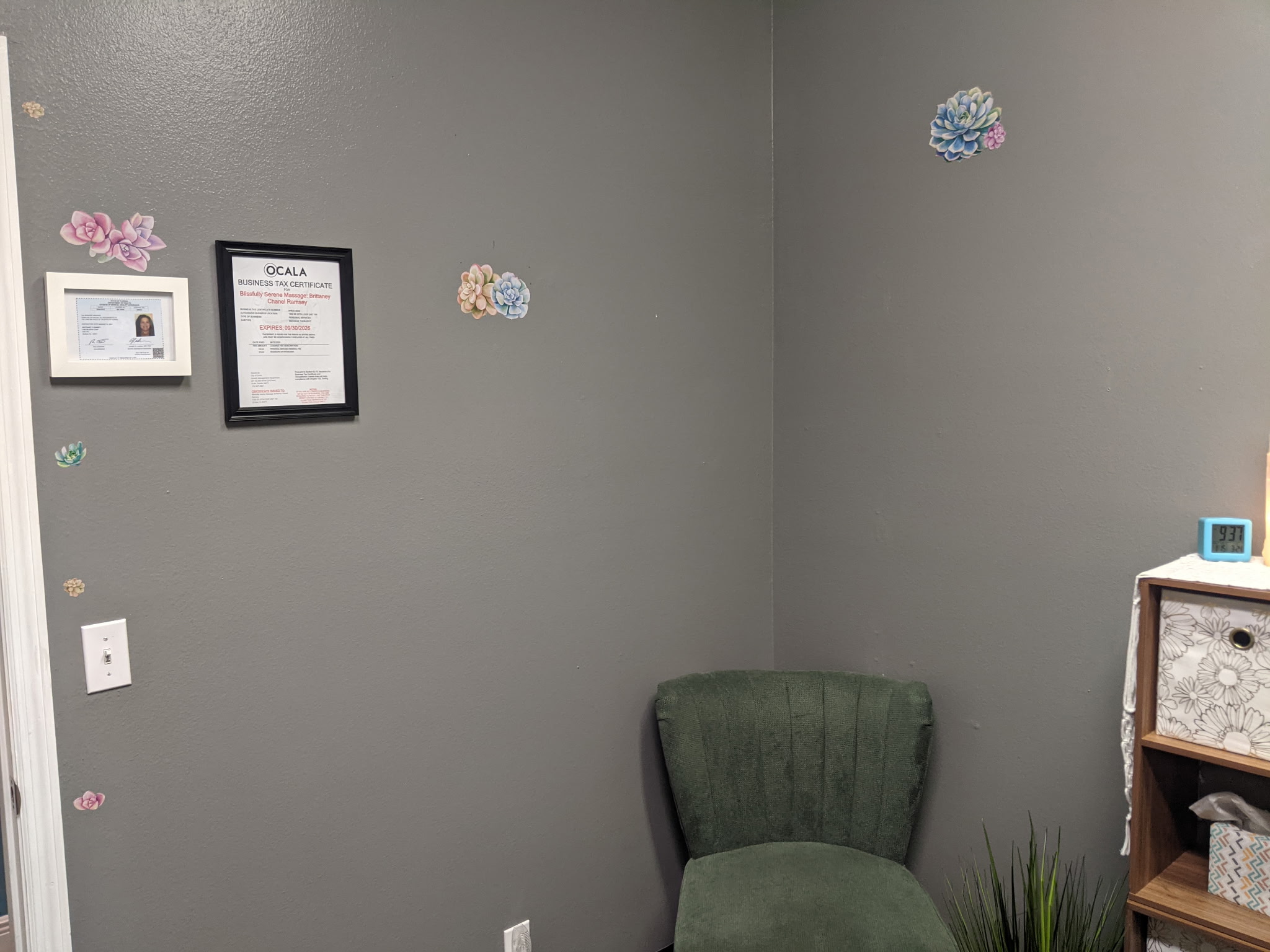 Licensed massage therapist credentials and seating area